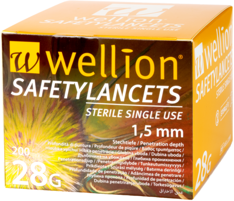 Sie sehen eine Packung Wellion SafetyLancets 28G, 200 Stück, Produktbild: 01 Wellion SafetyLancets 28G, 200 Stück, A-Nr.: 4041094 - 01