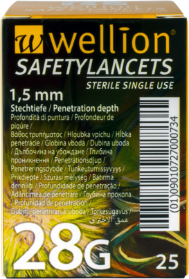 Sie sehen eine Packung Wellion SafetyLancets 28G, 25 Stück, Produktbild: 01 Wellion SafetyLancets 28G, 25 Stück, A-Nr.: 4091212 - 01