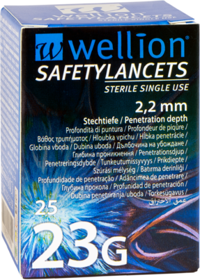 Sie sehen eine Packung Wellion SafetyLancets 23G, 25 Stück, Produktbild: 01 Wellion SafetyLancets 23G, 25 Stück, A-Nr.: 4091229 - 01