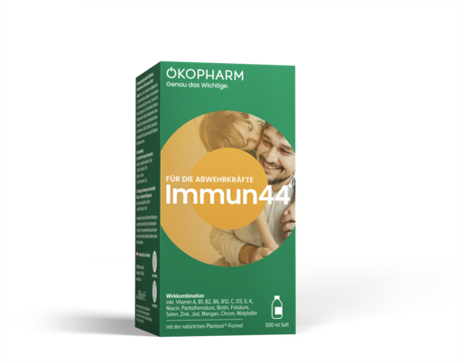 Sie sehen eine Packung Ökopharm44® Immun44® Wirkkomplex Saft 500mL, 500 Milliliter, Produktbild: 01 Ökopharm44® Immun44® Wirkkomplex Saft 500mL, 500 Milliliter, A-Nr.: 4865725 - 01