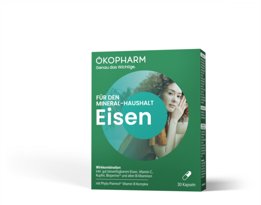Sie sehen eine Packung Ökopharm44® Eisen Wirkkomplex Kapseln 30 ST, 30 Stück, Produktbild: 01 Ökopharm44® Eisen Wirkkomplex Kapseln 30 ST, 30 Stück, A-Nr.: 4099254 - 01