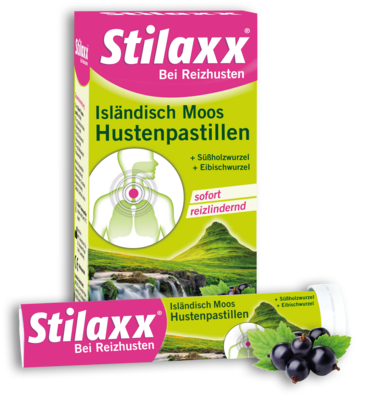 Sie sehen eine Packung Stilaxx® Hustenpastillen, 28 Stück, Produktbild: 01 Stilaxx® Hustenpastillen, 28 Stück, A-Nr.: 4575884 - 01