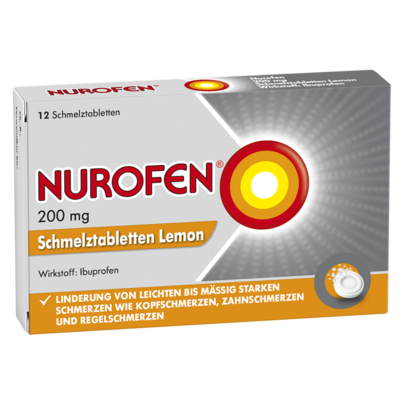 Sie sehen eine Packung NUROFEN SCHMTBL 200MG LEMON, 12 Stück, Produktbild: 01 NUROFEN SCHMTBL 200MG LEMON, 12 Stück, A-Nr.: 4228272 - 01