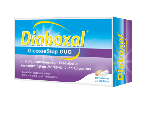Sie sehen eine Packung DIABOXAL GLUCOSE STOPDUO TBL, 60 Stück, Produktbild: 01 DIABOXAL GLUCOSE STOPDUO TBL, 60 Stück, A-Nr.: 4765900 - 01