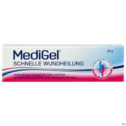 Sie sehen eine Packung Medigel Wund +heilgel 20g, Produktbild: 01 Medigel Wund +heilgel 20g, A-Nr.: 5256135 - 01