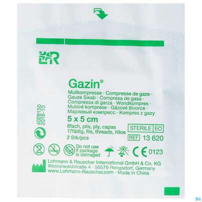Sie sehen eine Packung Mullkompressen Gazin Baumw.17faedig Steril 8fach 5x 5cm 2st, Produktbild: 01 Mullkompressen Gazin Baumw.17faedig Steril 8fach 5x 5cm 2st, A-Nr.: 2569997 - 01