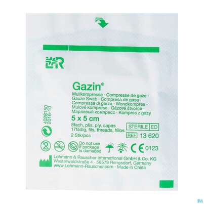 Sie sehen eine Packung Mullkompressen Gazin Baumw.17faedig Steril 8fach 5x 5cm 2st, Produktbild: 02 Mullkompressen Gazin Baumw.17faedig Steril 8fach 5x 5cm 2st, A-Nr.: 2569997 - 02