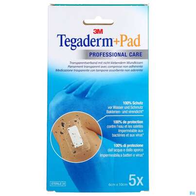 Sie sehen eine Packung 3M Tegaderm + Pad 6 x 10 cm, 5 Stück, Produktbild: 01 3M Tegaderm + Pad 6 x 10 cm, 5 Stück, A-Nr.: 2026587 - 01