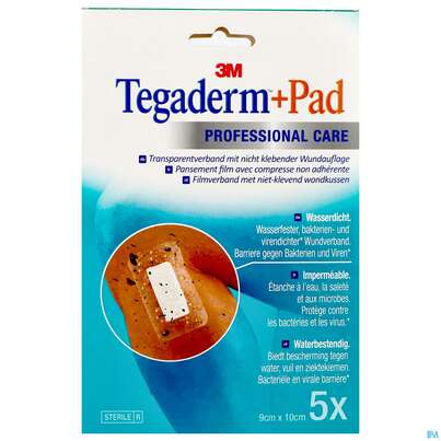 Sie sehen eine Packung 3M Tegaderm + Pad 9 x 10 cm, 5 Stück, Produktbild: 03 3M Tegaderm + Pad 9 x 10 cm, 5 Stück, A-Nr.: 2022514 - 03