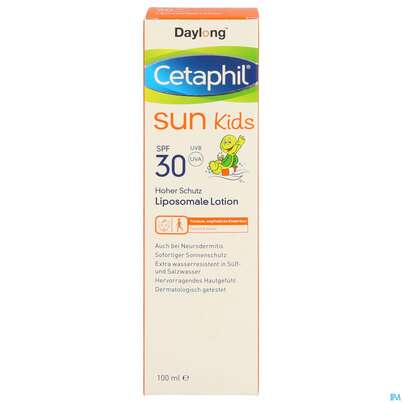 Sie sehen eine Packung Cetaphil Sun Daylong Kids Liposomale Lotion SPF 30, 100 Milliliter, Produktbild: 01 Cetaphil Sun Daylong Kids Liposomale Lotion SPF 30, 100 Milliliter, A-Nr.: 5129750 - 01