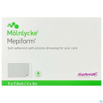Sie sehen eine Packung Wundverband Mepiform Silikonverband Selbsthaftend 5x 7,5cm 5st, Produktbild: 01 Wundverband Mepiform Silikonverband Selbsthaftend 5x 7,5cm 5st, A-Nr.: 2211787 - 01