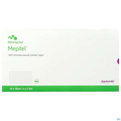 Sie sehen eine Packung Netzauflagen Mepitel Silikon Steril 10x18cm 10st, Produktbild: 01 Netzauflagen Mepitel Silikon Steril 10x18cm 10st, A-Nr.: 1519537 - 01