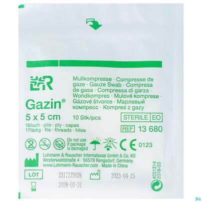 Sie sehen eine Packung Mullkompressen Gazin Baumw.17faedig Steril 16fach 5x 5cm 10st, Produktbild: 01 Mullkompressen Gazin Baumw.17faedig Steril 16fach 5x 5cm 10st, A-Nr.: 2570109 - 01