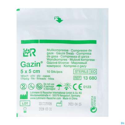 Sie sehen eine Packung Mullkompressen Gazin Baumw.17faedig Steril 16fach 5x 5cm 10st, Produktbild: 02 Mullkompressen Gazin Baumw.17faedig Steril 16fach 5x 5cm 10st, A-Nr.: 2570109 - 02