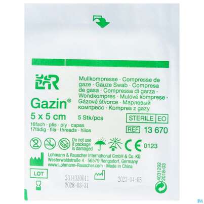 Sie sehen eine Packung Mullkompressen Gazin Baumw.17faedig Steril 16fach 5x 5cm 5st, Produktbild: 01 Mullkompressen Gazin Baumw.17faedig Steril 16fach 5x 5cm 5st, A-Nr.: 2570090 - 01