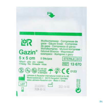 Sie sehen eine Packung Mullkompressen Gazin Baumw.17faedig Steril 16fach 5x 5cm 5st, Produktbild: 02 Mullkompressen Gazin Baumw.17faedig Steril 16fach 5x 5cm 5st, A-Nr.: 2570090 - 02