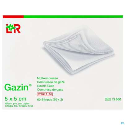 Sie sehen eine Packung Mullkompressen Gazin Baumw.17faedig Steril 16fach 5x 5cm 30x2 60st, Produktbild: 01 Mullkompressen Gazin Baumw.17faedig Steril 16fach 5x 5cm 30x2 60st, A-Nr.: 2384714 - 01