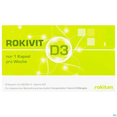 Sie sehen eine Packung ROKIVIT KPS VIT D3 28000IE, 8 Stück, Produktbild: 01 ROKIVIT KPS VIT D3 28000IE, 8 Stück, A-Nr.: 4581198 - 01