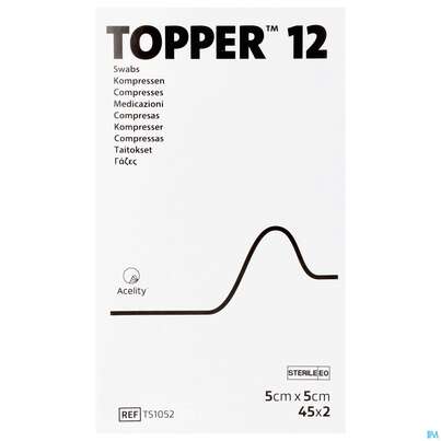 Sie sehen eine Packung Kompressen Topper 12 Steril Ts1052 5x 5cm 45x2 90st, Produktbild: 01 Kompressen Topper 12 Steril Ts1052 5x 5cm 45x2 90st, A-Nr.: 2198118 - 01
