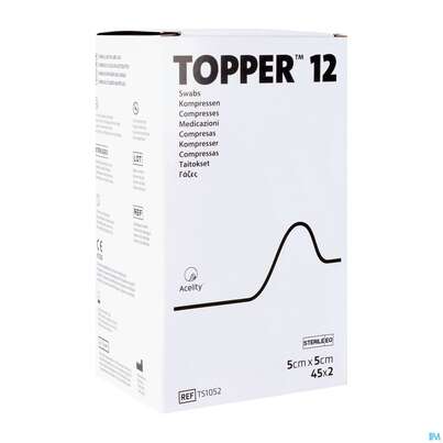 Sie sehen eine Packung Kompressen Topper 12 Steril Ts1052 5x 5cm 45x2 90st, Produktbild: 02 Kompressen Topper 12 Steril Ts1052 5x 5cm 45x2 90st, A-Nr.: 2198118 - 02