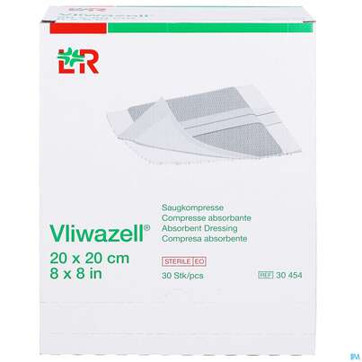 Sie sehen eine Packung Vliwazell Saugkompresse Steril 20x 20cm 30st, Produktbild: 01 Vliwazell Saugkompresse Steril 20x 20cm 30st, A-Nr.: 3707467 - 01
