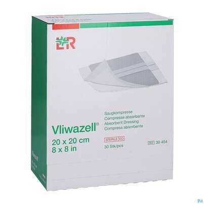 Sie sehen eine Packung Vliwazell Saugkompresse Steril 20x 20cm 30st, Produktbild: 03 Vliwazell Saugkompresse Steril 20x 20cm 30st, A-Nr.: 3707467 - 03