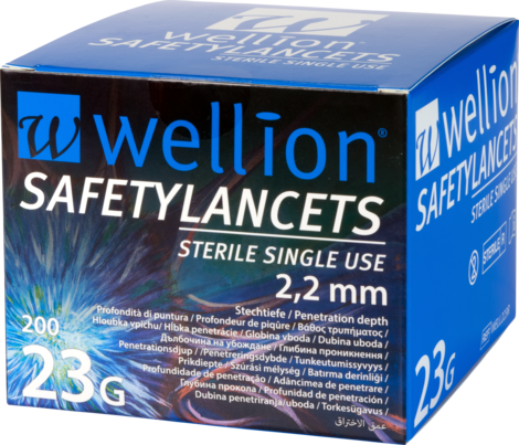 Sie sehen eine Packung Wellion SafetyLancets 23G, 200 Stück, Produktbild: 01 Wellion SafetyLancets 23G, 200 Stück, A-Nr.: 4041119 - 01
