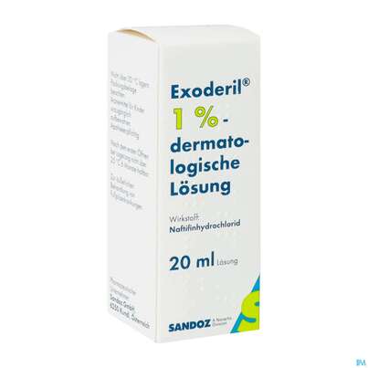 Sie sehen eine Packung EXODERIL DERM LSG 1%, 20 Milliliter, Produktbild: 02 EXODERIL DERM LSG 1%, 20 Milliliter, A-Nr.: 1130130 - 02
