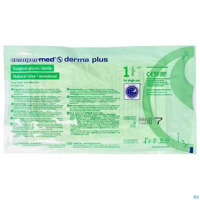 Sie sehen eine Packung Operationshandschuhe Sempermed Anatomisch Derma Plus Gepudert Weiss Gr 7 2st, Produktbild: 01 Operationshandschuhe Sempermed Anatomisch Derma Plus Gepudert Weiss Gr 7 2st, A-Nr.: 1663116 - 01