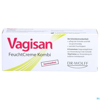 Sie sehen eine Packung Vagisan Kombi Feuchtcreme 10g +zaepfchen 8stk 1pk, Produktbild: 01 Vagisan Kombi Feuchtcreme 10g +zaepfchen 8stk 1pk, A-Nr.: 4089451 - 01