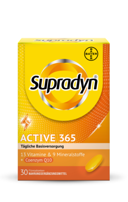 Sie sehen eine Packung Supradyn® active Filmtabletten, 30 Stück, Produktbild: 01 Supradyn® active Filmtabletten, 30 Stück, A-Nr.: 3435862 - 01