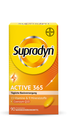 Sie sehen eine Packung Supradyn® active Filmtabletten, 90 Stück, Produktbild: 01 Supradyn® active Filmtabletten, 90 Stück, A-Nr.: 3435879 - 01