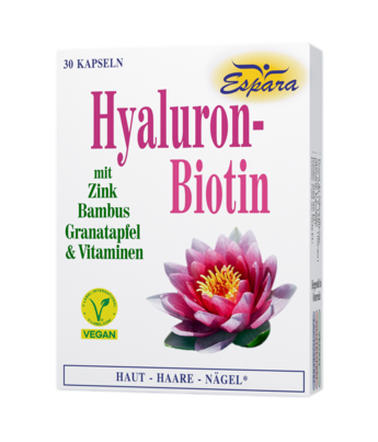 Sie sehen eine Packung Espara Hyaluron-Biotin Kapseln, 30 Stück, Produktbild: 01 Espara Hyaluron-Biotin Kapseln, 30 Stück, A-Nr.: 4039890 - 01