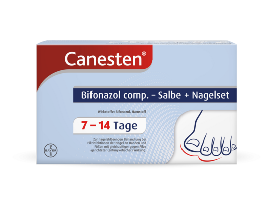 Sie sehen eine Packung Canesten® Bifonazol comp. – Salbe + Nagelset, 10 Gramm, Produktbild: 01 Canesten® Bifonazol comp. – Salbe + Nagelset, 10 Gramm, A-Nr.: 2475842 - 01