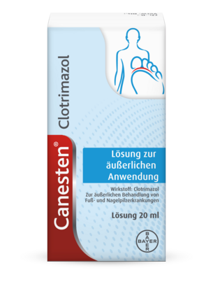 Sie sehen eine Packung Canesten® Clotrimazol Lösung, 20 Milliliter, Produktbild: 01 Canesten® Clotrimazol Lösung, 20 Milliliter, A-Nr.: 0086237 - 01