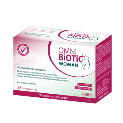 Sie sehen eine Packung OMNi-BiOTiC® WOMAN, 28x2g, Produktbild: 01 OMNi-BiOTiC® WOMAN, 28x2g, A-Nr.: 5889136 - 01