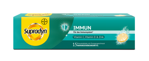 Sie sehen eine Packung Supradyn® immun Brausetabletten, 15 Stück, Produktbild: 01 Supradyn® immun Brausetabletten, 15 Stück, A-Nr.: 4899606 - 01