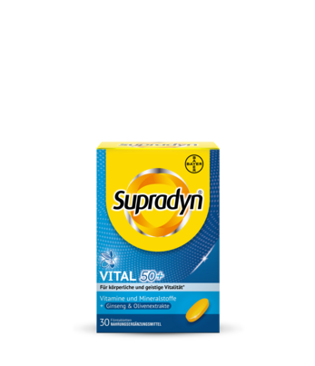 Sie sehen eine Packung Supradyn® vital 50+ - Filmtabletten, 30 Stück, Produktbild: 01 Supradyn® vital 50+ - Filmtabletten, 30 Stück, A-Nr.: 4184942 - 01