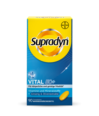 Sie sehen eine Packung Supradyn® vital 50+ - Filmtabletten, 90 Stück, Produktbild: 01 Supradyn® vital 50+ - Filmtabletten, 90 Stück, A-Nr.: 4184959 - 01