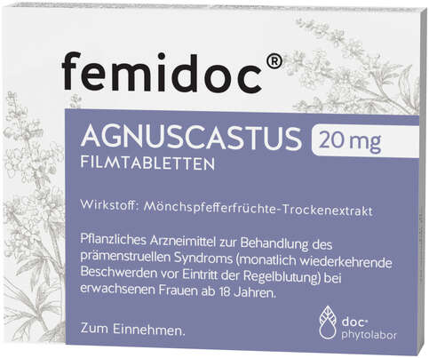 Sie sehen eine Packung femidoc® AGNUSCASTUS 20 MG - FILMTABLETTEN, 30 Stück, Produktbild: 01 femidoc® AGNUSCASTUS 20 MG - FILMTABLETTEN, 30 Stück, A-Nr.: 3921019 - 01
