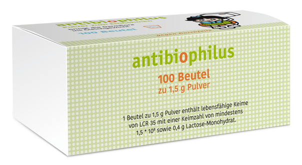Sie sehen eine Packung Antibiophilus Pulver, 100 Stück, Produktbild: 01 Antibiophilus Pulver, 100 Stück, A-Nr.: 1258083 - 01