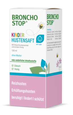 Sie sehen eine Packung Bronchostop Kinderhustensaft, 120 Milliliter, Produktbild: 01 Bronchostop Kinderhustensaft, 120 Milliliter, A-Nr.: 4803405 - 01