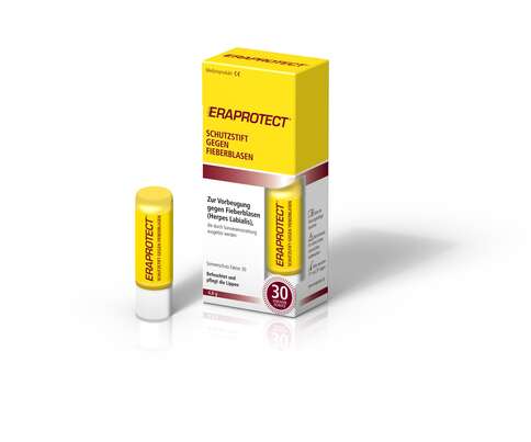 Sie sehen eine Packung Eraprotect® Schutzstift gegen Fieberblasen, 4,8 Gramm, Produktbild: 01 Eraprotect® Schutzstift gegen Fieberblasen, 4,8 Gramm, A-Nr.: 4137090 - 01