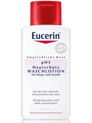 Sie sehen eine Packung Eucerin pH5 Waschlotion, 200 Milliliter, Produktbild: 01 Eucerin pH5 Waschlotion, 200 Milliliter, A-Nr.: 0434431 - 01