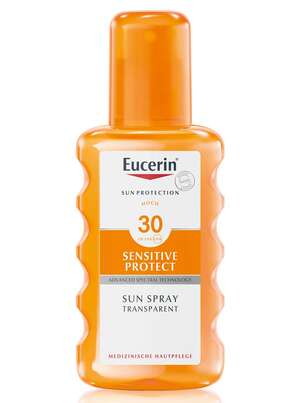 Sie sehen eine Packung Eucerin Sensitive Protect Sun Spray Transparent LSF 30, 200 Milliliter, Produktbild: 01 Eucerin Sensitive Protect Sun Spray Transparent LSF 30, 200 Milliliter, A-Nr.: 3816280 - 01