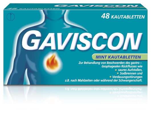 Sie sehen eine Packung Gaviscon Kautabletten Mint, 48 Stück, Produktbild: 01 Gaviscon Kautabletten Mint, 48 Stück, A-Nr.: 4210616 - 01