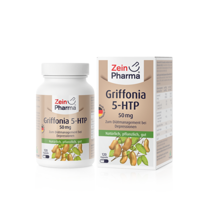 Sie sehen eine Packung Zeinpharma Griffonia 5-HTP 50 mg Kapseln, 120 Stück, Produktbild: 01 Zeinpharma Griffonia 5-HTP 50 mg Kapseln, 120 Stück, A-Nr.: 4159973 - 01
