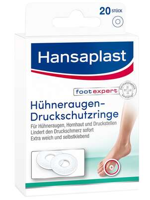 Sie sehen eine Packung Hansaplast Hühneraugen-Druckschutzringe, 20 Stück, Produktbild: 01 Hansaplast Hühneraugen-Druckschutzringe, 20 Stück, A-Nr.: 2039294 - 01