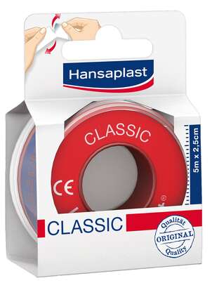 Sie sehen eine Packung Hansaplast med Fixierpflaster classic 2,5cm x 5m, 1 Stück, Produktbild: 01 Hansaplast med Fixierpflaster classic 2,5cm x 5m, 1 Stück, A-Nr.: 3287433 - 01