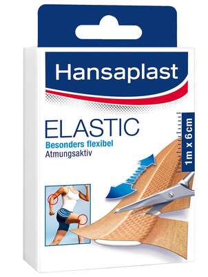 Sie sehen eine Packung Hansaplast Elastic 1m x 6cm, 1 Stück, Produktbild: 01 Hansaplast Elastic 1m x 6cm, 1 Stück, A-Nr.: 2404693 - 01
